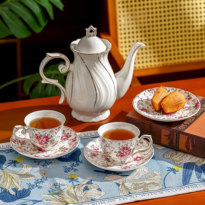 Agyiuns tea cups and saucers ceramic coffee mug 6oz for Coffee, Latte, Cafe Mocha and Tea-Set of 4 (Big flowers-Set of 4)