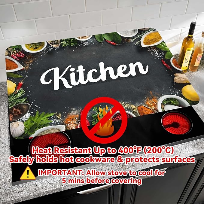 Decorative Stove Top Covers for Electric Stove 28"x20" – Heat Resistant Glass Cooktop Protector Dish Drying Mat – Non-Slip Rubber Backing Washer Top Cover Waterproof Extra Counter Space (Kitchen 5)