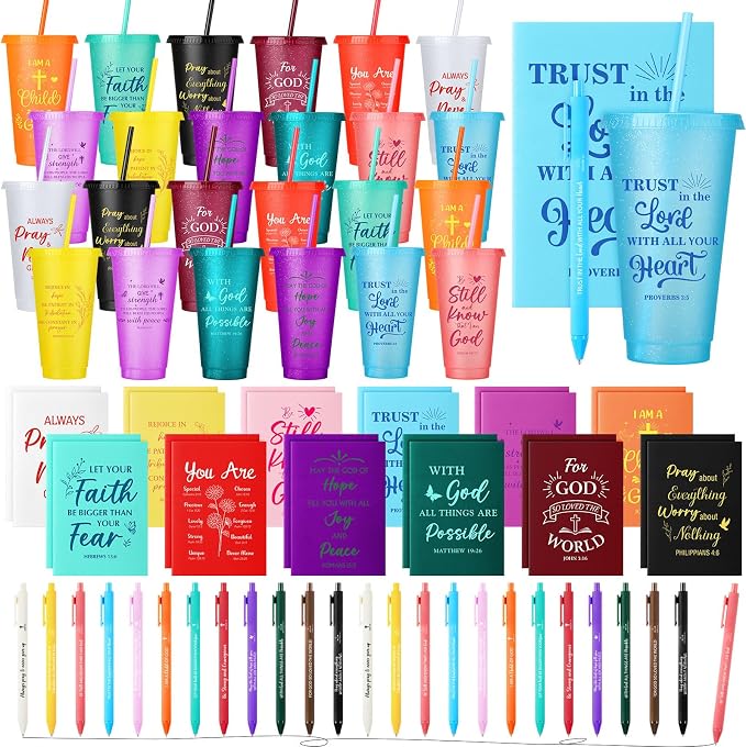 Feifeiya 72 Pcs/ 24 Set Bible Verse Gifts Bulk 24 oz Christian Plastic Tumbler with Lids and Straws Inspirational Prayer Notepads Religious Pen Church Cups Gift for Christian Party Favors