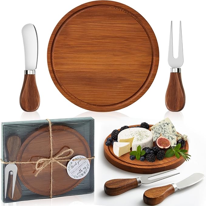 Maxcheck 1 Set Baby Shower Bridal Game Prizes for Winners Round Cheese Board Set Wood Mini Charcuterie Board with Knives and Forks Thank You Card with Gift Box for Guests Wedding (Carbonized bamboo)