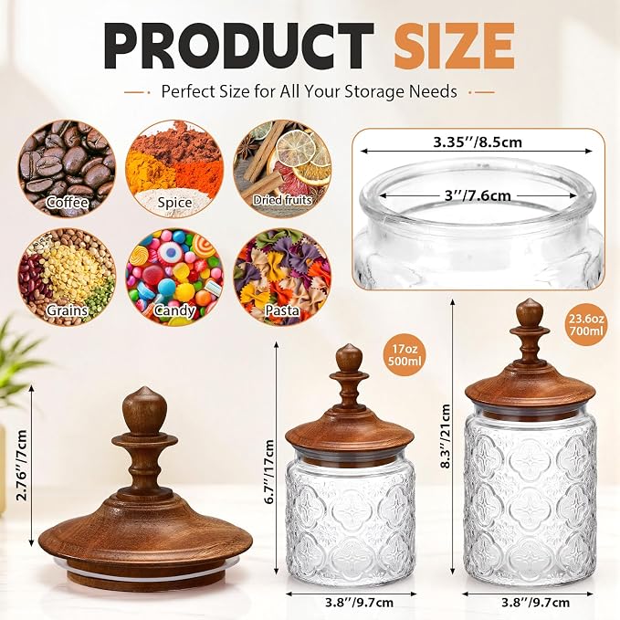 Suclain 6 Pack 24oz Vintage Glass Jars with Wooden Crown Lids, Decorative Jars Begonia Pattern, Airtight Glass Food Storage Containers for Tea Coffee Spice Pantry Organization