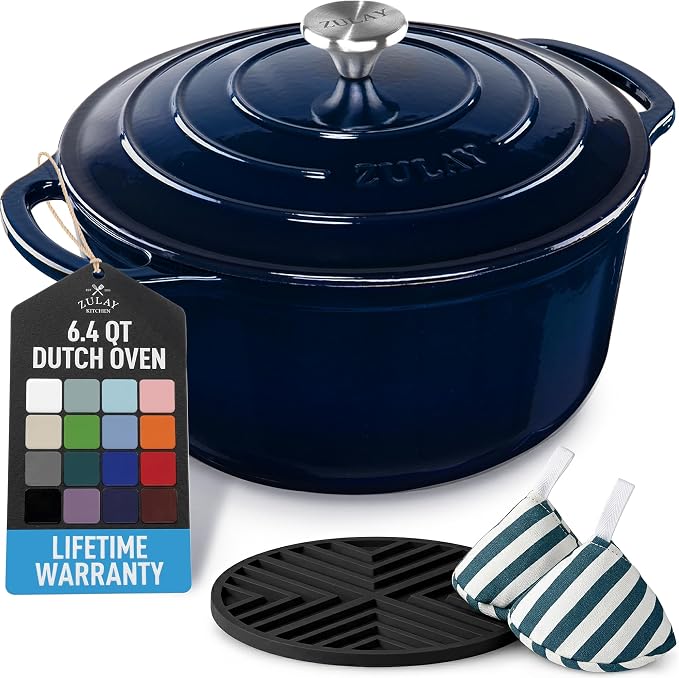 Zulay Kitchen 6.4QT Enameled Cast Iron Dutch Oven Pot with Lid, Heavy-Duty Soup Pot for Stews, Braising, Roasting & Sourdough Bread Baking, Oven Safe up to 500°F - Lapis Lazuli