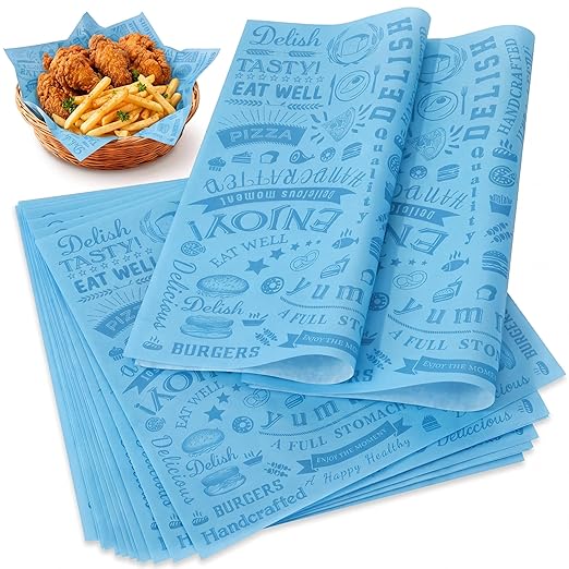Outus 600 Pcs 12 x 12 Inch Deli Wax Paper Sheets Grease Resistant Tray Basket Liners Newsprint Paper Water and Grease Proof Sandwich Wrapping Square Hot Dog Wrapper for Food Baking (Light Blue)