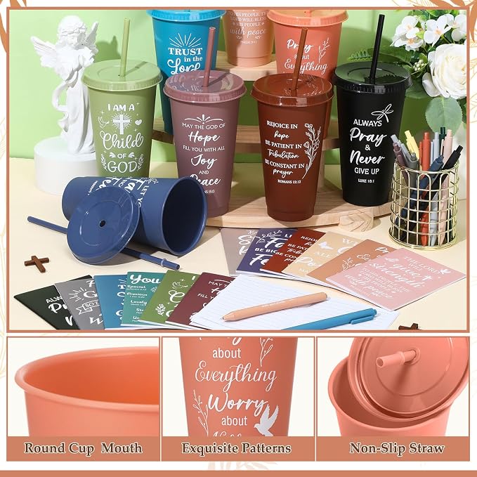 Feifeiya 72 Pcs/ 24 Set Christian Gifts Bulk 24 oz Bible Verse Plastic Tumbler with Lids and Straws Inspirational Prayer Notepads Religious Pen Church Cups Gift for Christian Christmas Party Favors