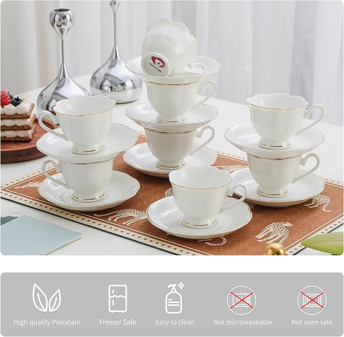 White Porcelain 75ml Demitasse Set of 8 (16-Piece) - 2.5oz Espresso Cups & Saucers, Elegant White & Gold Trim Coffee Set for Turkish Coffee, After Dinner, Gift Giving
