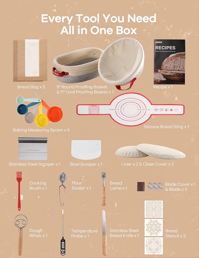 Ganiza 22-Piece Sourdough Proofing Basket Gift Set, Natural Cotton Rope | 9'' Round & 10'' Oval Banneton Basket with Liners & Covers, Easy to Clean, Sourdough Starter Kit with Recipe for Bread Baker