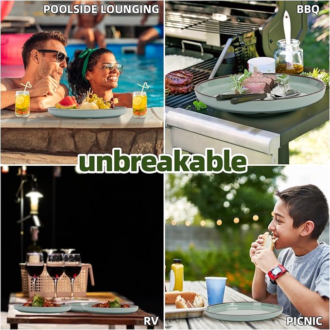 Melamine Dinnerware Set 12 Piece for 4, Green Spray Dots Unbreakable Plates and Bowls with Dark Brown Rim, Lightweight Durable Dishware for Camping Picnic Party