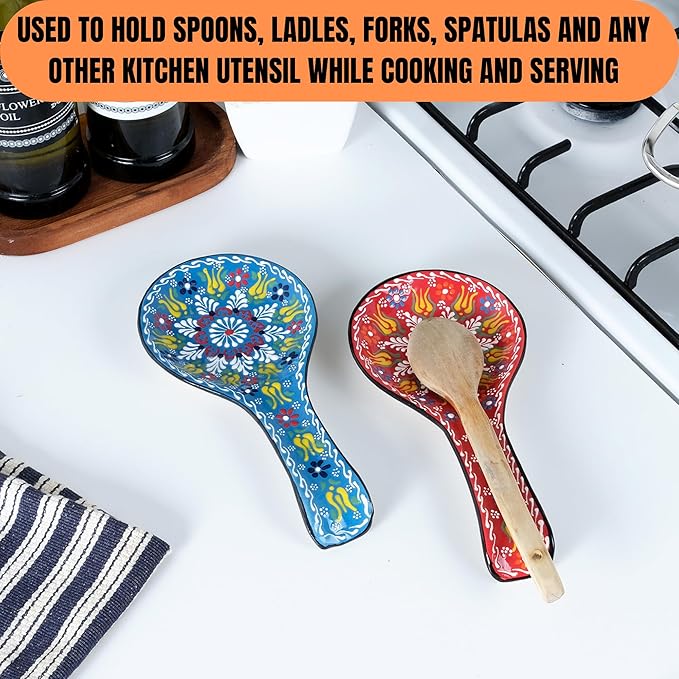 BCS Spoon Rest Set of 2 - Ceramic Spoon Holder for Stovetop & Kitchen Counter - Dishwasher Safe Handmade Kitchen Utensil (Blue-Red 4.5” W x 9" L)