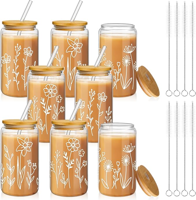 Mumufy 8 Pack Glass Cups Gift Aesthetic Cute Glass Cup Tumbler Flower Iced Coffee Mugs 16 oz with Bamboo Lid & Straw, for Wedding Birthday Bridesmaid Mom Baby Shower