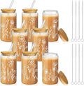 Mumufy 8 Pack Glass Cups Gift Aesthetic Cute Glass Cup Tumbler Flower Iced Coffee Mugs 16 oz with Bamboo Lid & Straw, for Wedding Birthday Bridesmaid Mom Baby Shower