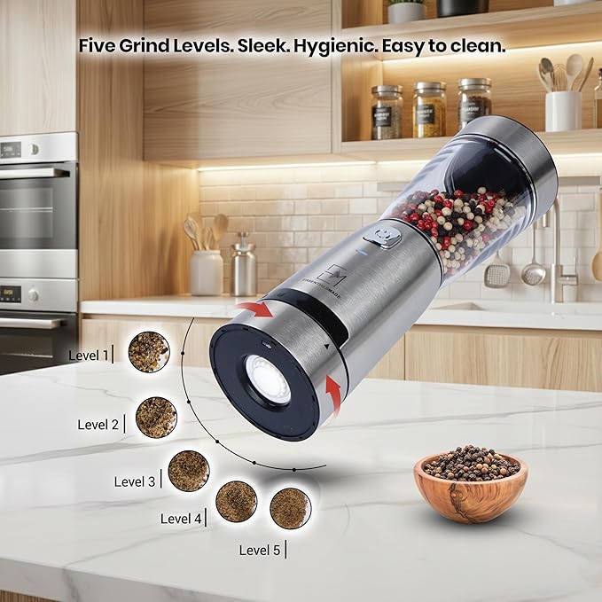 Electric Salt and Pepper Grinder Set – Rechargeable Stainless Steel Mills – Upgraded 800mAh Battery, Large 200ml Capacity, & 5 Adjustable Coarseness Levels – Kitchen Seasoning Tools
