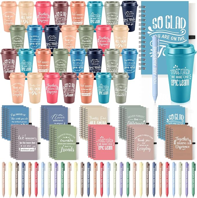 Teenyyou 90 Pcs Employee Appreciation Gift Set, 16oz Tumbler with Lid Notebook Pen Bulk Thank You Gift Holiday Party Favor for Teachers Office Coworker Teacher Staff Team (Bright Color,Classic Style)