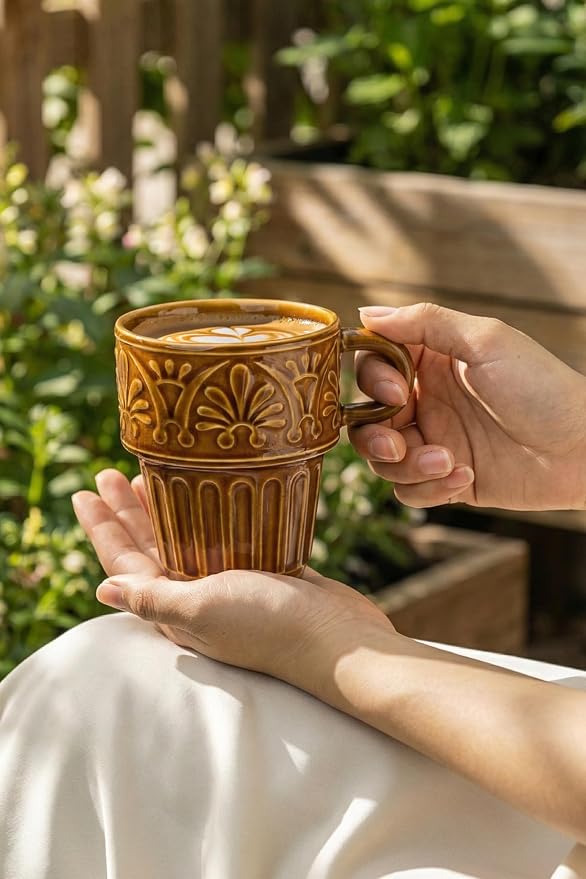 Ceramic Coffee Cups, Coffee Mugs Set of 4, 12 OZ Ceramic Mugs, Stackable Mug, Brown, Microwave & Dishwasher Safe for Hot Drinks Cocoa Latte, Perfect for Daily Use Gathering & All Holiday Gifts
