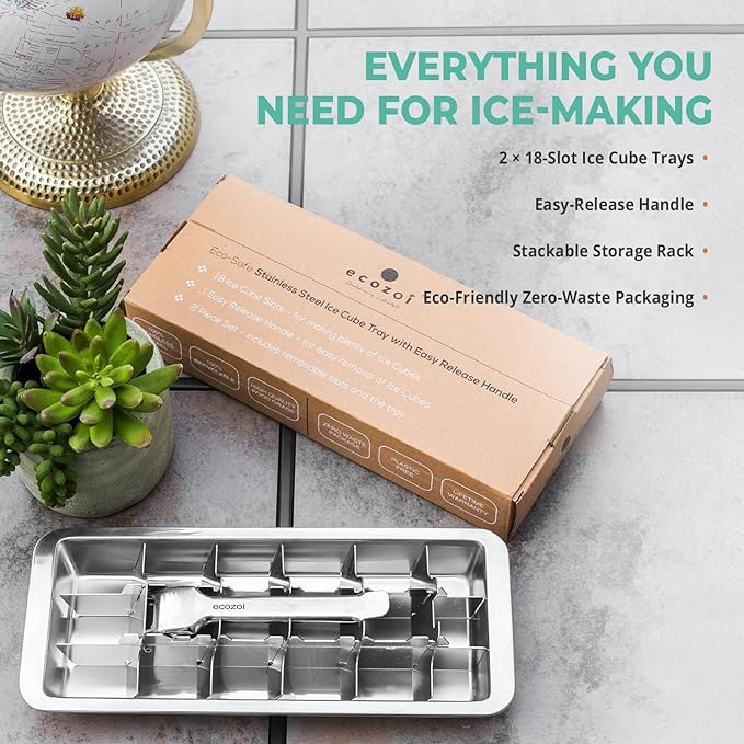 Ecozoi Stainless Steel Ice Cube Tray - 2 Pack of 18-Slot Metal Ice Cube Trays with Easy Release Lever - Plastic-Free, Eco-Friendly, Stackable Retro Vintage Ice Trays for Bars & Kitchens