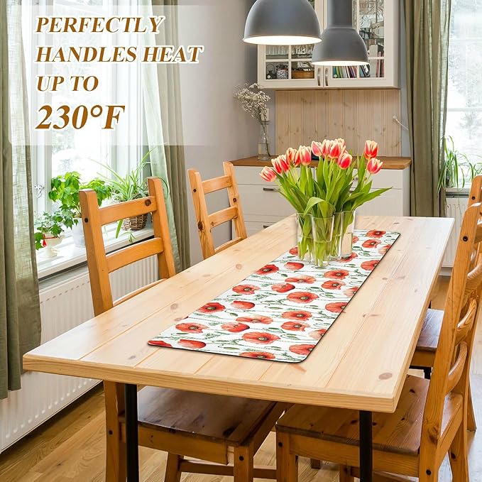Red and White Poppy Flowers Trivet Table Runner Heat Resistant 230F for Hot Dishes Pots Plates Kitchen Dining Table Protector Decorative 39.37 X 11.8 Inch