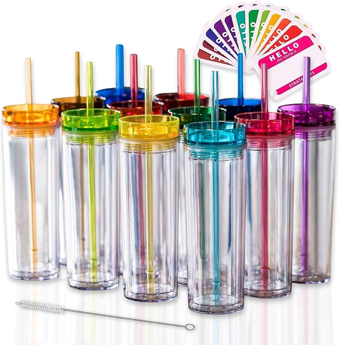 STRATA CUPS 12 Colored Skinny Tumblers with Lids and Straws | 16oz Reusable Cup Double-Wall Clear Tumbler with Lid and Straw, Durable Acrylic Tumblers With FREE Straw Cleaner & Name Tags