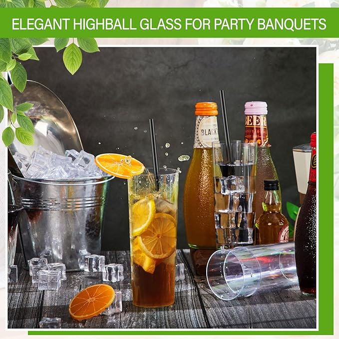 Plastic Highball Glasses with Straws, 10 oz Shatterproof Drinking Cups, Tall Whiskey Collins Glass with Straw, Smoothie Tumbler Mojito Cocktail Cup for Wedding Spring Summer Party