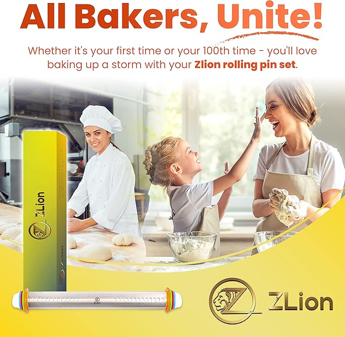 Zlion Rolling Pin with Thickness Rings – Stainless Steel and Corrosion-Resistant Adjustable rolling pin Dough Roller Pins for Baking Pizza, Pastry, Fondant, Pasta, Cookie