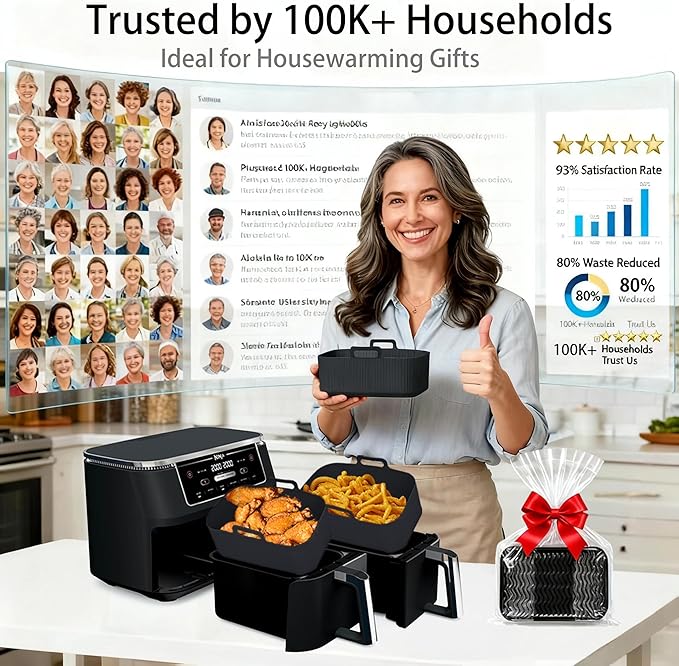 Silicone Air Fryer Liners for Ninja - Reusable DZ201 8QT Dual Basket - Rectangular 2-Pack Vacuum-Packed Easy-Clean Dishwasher-Safe Food-Safe for Home Chefs - Housewarming Gifts