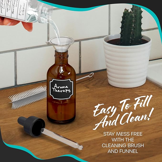Nevlers 4 Oz Amber Glass Dropper Bottle 48 Pack | Set of Glass Tincture Bottles with Dropper, Funnel, Brush, Marker, Labels & Shrink Wrap | Amber Bottles with Eye Droppers for Liquids & Essential Oil