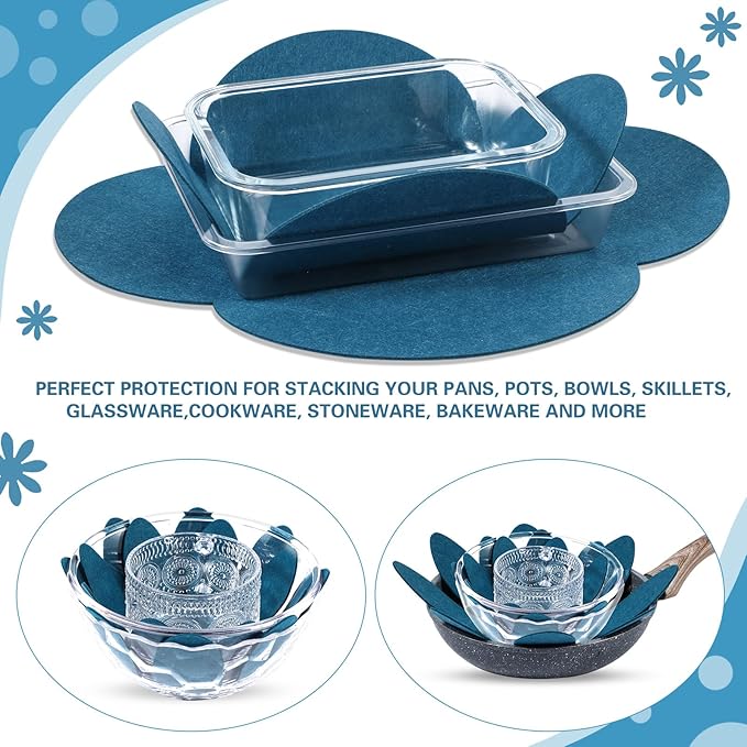 Queekay 36 Pcs Felt Pot Pan Protectors Dish Dividers Separators Bakeware Cookware Scratch Protectors Different Sizes, Thicker Pan Pads for Stacking Cookware Organizing Protecting(Gray Blue)
