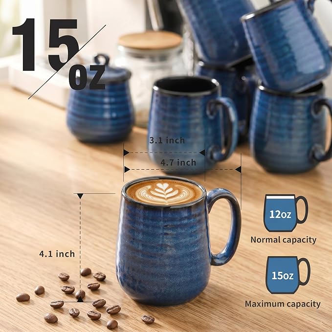 Coffee Mugs, 15 Ounce Ceramic Coffee Mug Set of 6, Reactive Glaze Tea Cups with Handle for Milk, Hot Cocos, Latte, Cappuccino, Blue Cup Gift for Man and Women, Dishwasher and Microwave Safe