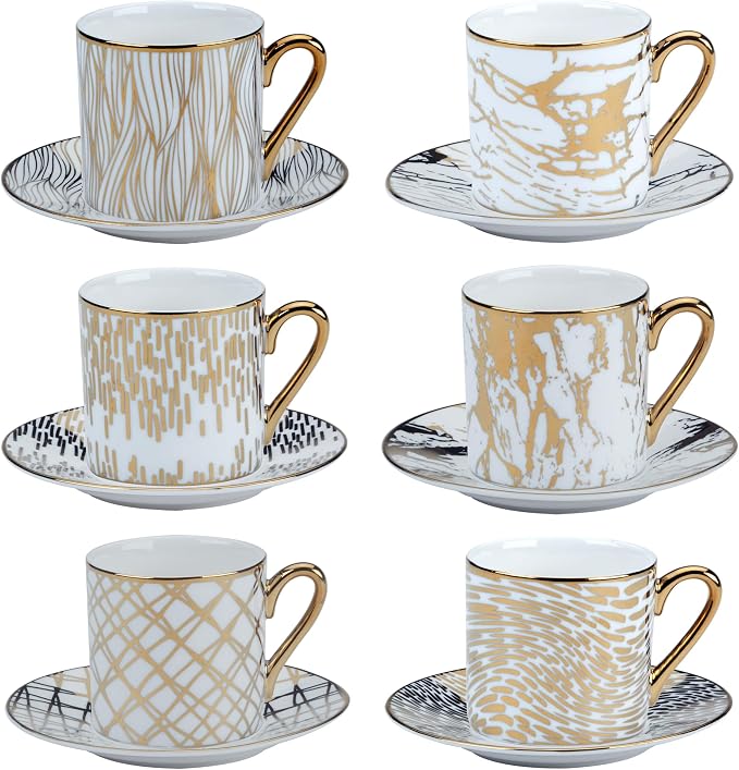 Matrix Gold Porcelain Espresso Cup & Saucer Set – 6 Assorted Modern Designs with Gold Plated Accents – Elegant Espresso Cups for Entertaining, Gift-Giving & Home Décor