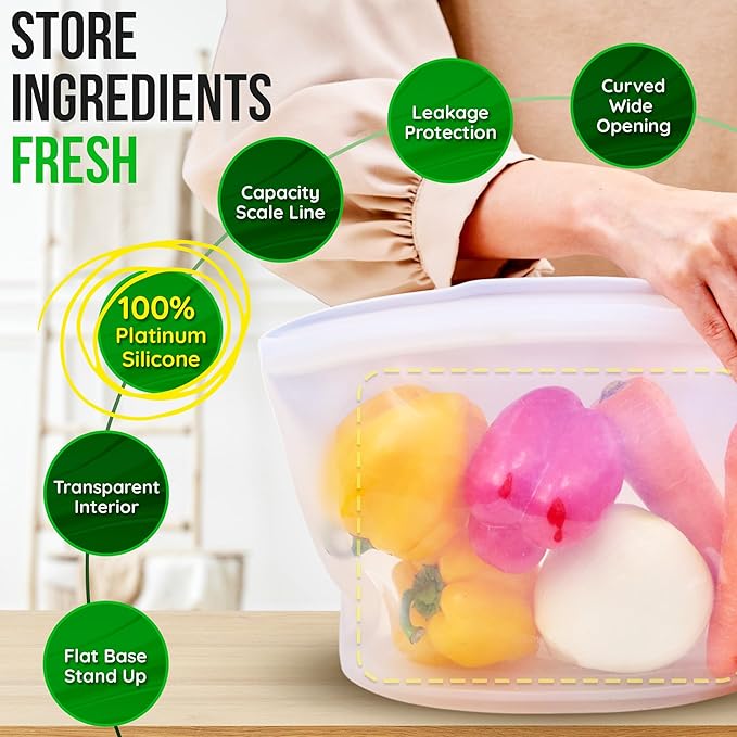Reusable Silicone Food Storage Bags, 3-Pack Variety Set (2, 3.5, 6 Cups), Made in Korea BPA-Free Silicone, Triple-Airtight Freezer Bags, Microwave Safe, Sous Vide, Zip Lock Pouch, Brown