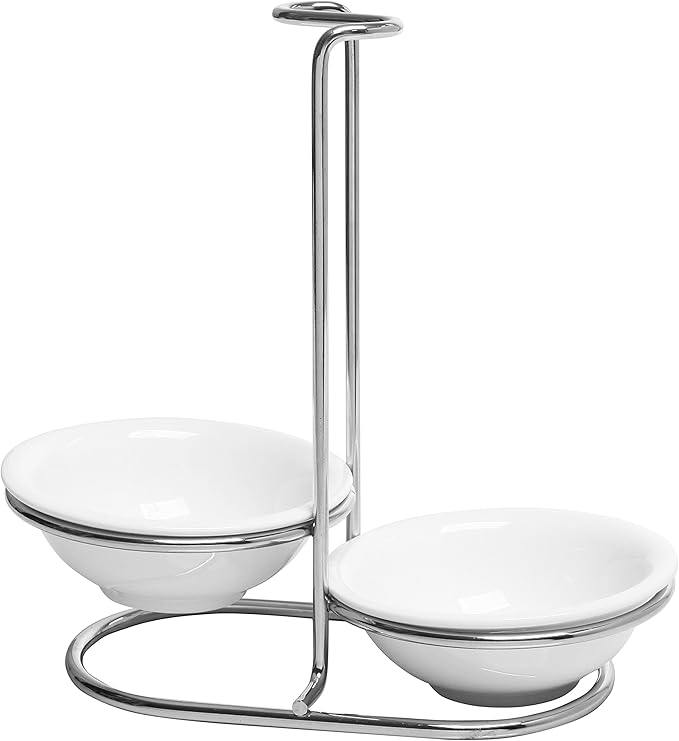 MyGift Set of 2 Ceramic Spoon Rest, Upright Ladle Holder Ceramic Dish with Silver Stainless Steel Rack