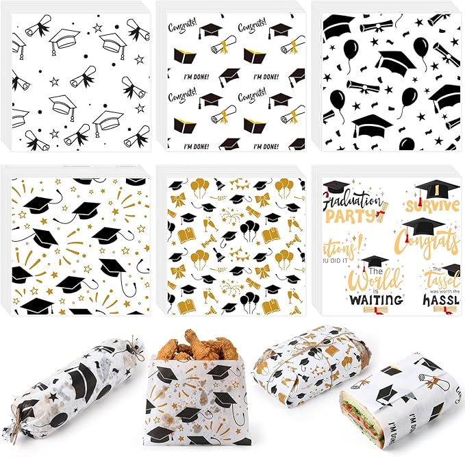 Reallnaive 300 Pcs Graduation Wax Paper Sheets 12 x 12 Inch Black and Gold Parchment Deli Tissue Paper Sandwich Wrapping Sheets Food Basket Liners for Kitchen Restaurant Baking Supplies, 6 Styles
