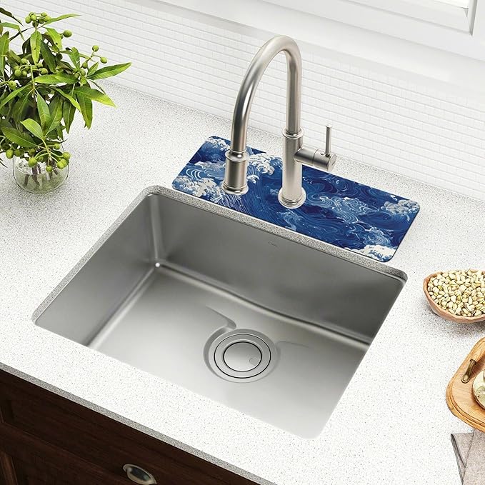 Kitchen Sink Splash Guard 2 PCS 14.7 Inch Sink Faucet Mat Splash Guard for Bathroom Countertop Water Absorbent Foldable Cuttable Soft Washable Blue Ocean Waves
