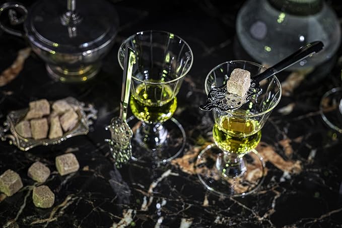 Vintage Crystal Absinthe, Sambuca, Raki, Pastis, Ouzo Glasses | Set of 4 | Short Stemmed 6.5 oz Goblets with Bubble Reservoir for Drinking Green Fairy | Handblown Small Wine Bistro Glassware