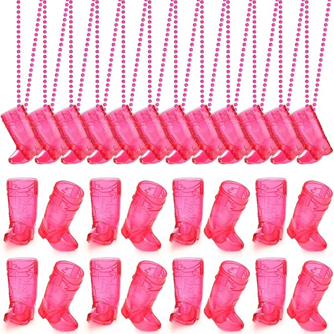 Sieral 24 Pcs Cowboy Boot Shot Glasses on Beaded Necklace Plastic Reusable Cowgirl Shot Boot Glasses Necklace Party Cups for Cowboy Cowgirl Bachelorette Carnival Western Birthday (Transparent Rose)