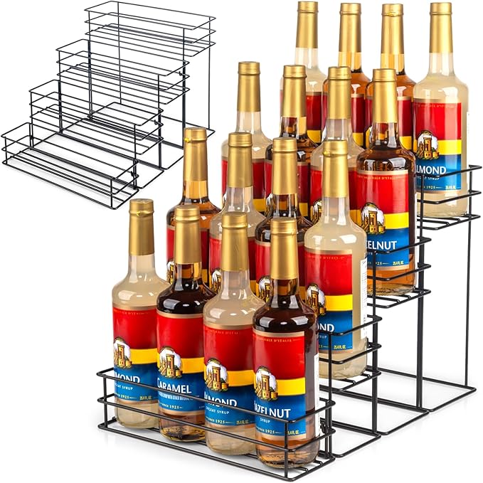 kimilus 16 Bottle Capacity Coffee Syrup Organizer 4 Tier Coffee Syrup Stand Shelf for Coffee Bar Accessories for Coffee Bar Kitchen Small Wine Rack for Bar Family Storage for Syrup Wine Dressing
