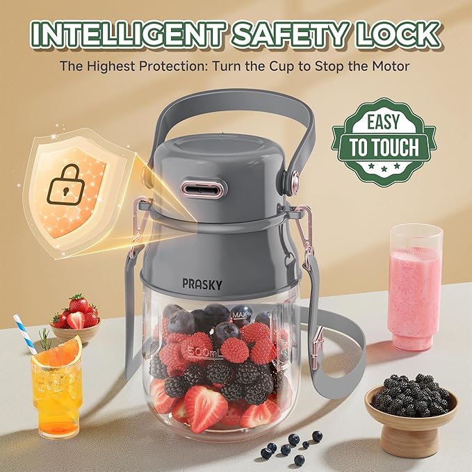 Portable Blender, Prasky Personal Blenders for Shakes and Smoothies with 27oz Cup, Lid and Shoulder Strap, Type-C USB Rechargeable, Personal Size Blenders BPA-free for Travel/Kitchen (Gray)