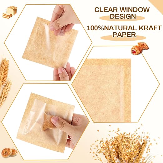 Outus 100 Pcs Cookie Packaging Bags with Seal, 3 x 3 Inch Bakery Pastry Bags with Window, Heat Sealable Grease Resistant Paper to Go Bake Sleeves for Gift Giving Donut Bread Sandwich (Brown)