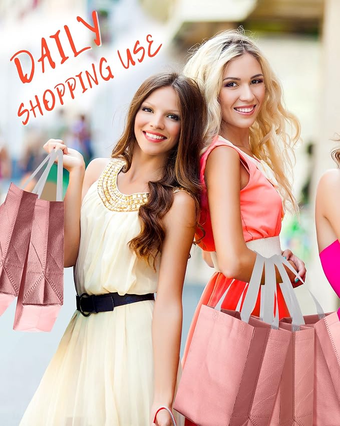 Eccliy Reusable Gift Bags Set Glossy Grocery Gift Tote Bag with Handle for Wedding, Bridal Shower, 4th of July, Summer Event(10 x 8 x 4.7 Inch,Rose Gold,80 Pcs)