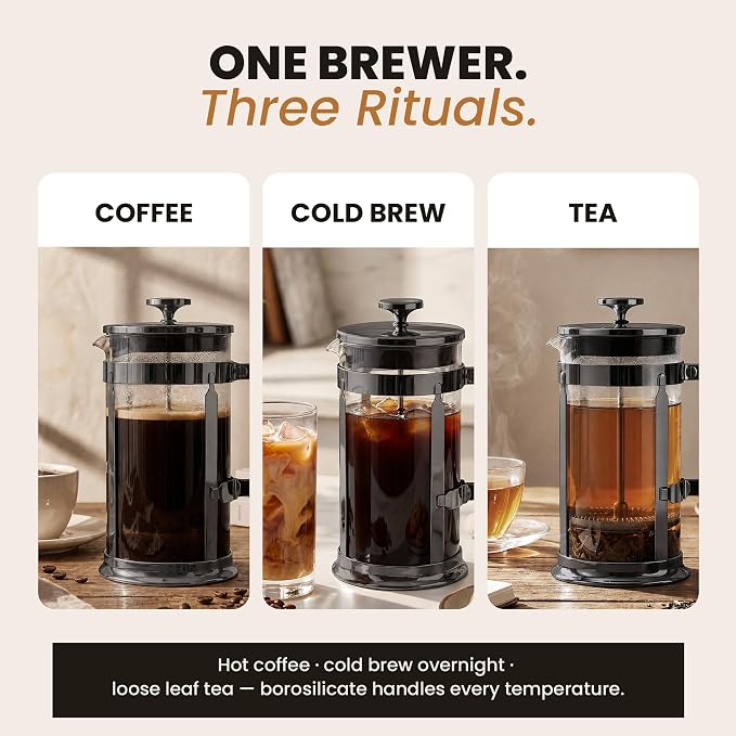 EzDtach French Press Coffee Maker 34oz Grey – Borosilicate Glass Pot with 304 Grade Stainless Steel French Press, Double Filter and 2 Extra Screens for Rich, Full-Bodied Flavor at Home or Office