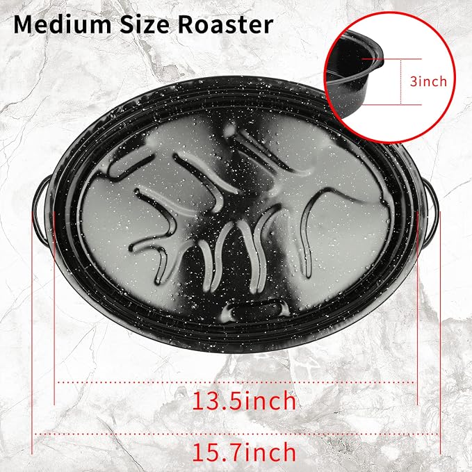 JY COOKMENT 15.7" Enameled Oval Roaster with Domed Lid - For Turkey, Chicken, Ham, Dishwasher Safe