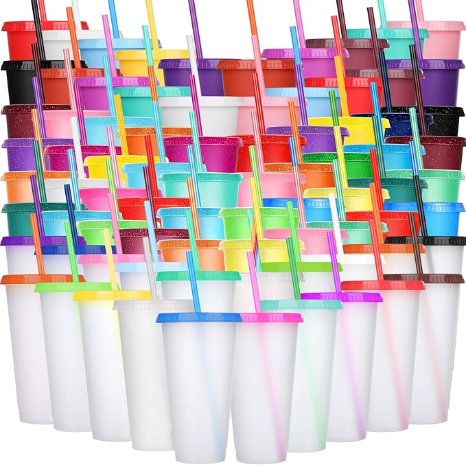 Honeydak 100 Pack Tumbler with Straw and Lid Bulk Cups for Gifts Glitter Plastic Coffee Cups 24-27 oz Reusable Water Bottle Iced Coffee Travel Mug Party Favors for Birthdays Travel (Mixed Color)
