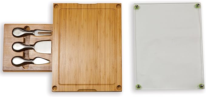 TOSCANA - a Picnic Time brand Concerto Glass Top Cheese and Knife Set - Charcuterie Set - Glass Top Cutting Board, (Bamboo)