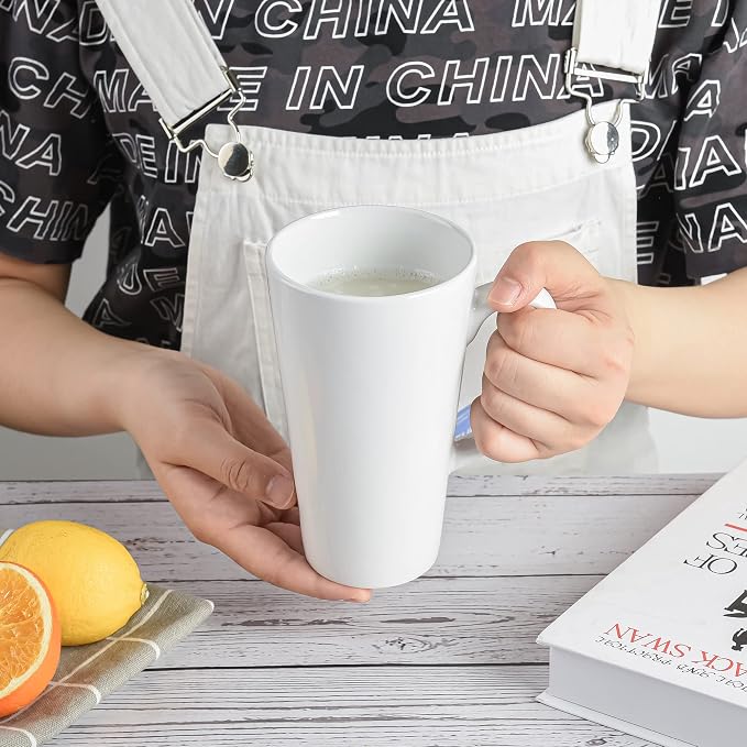 BYCNZB 16oz White Funnel Ceramic Tall Coffee Mugs for Coffee, Tea, Cocoa, Latte, Milk set of 4
