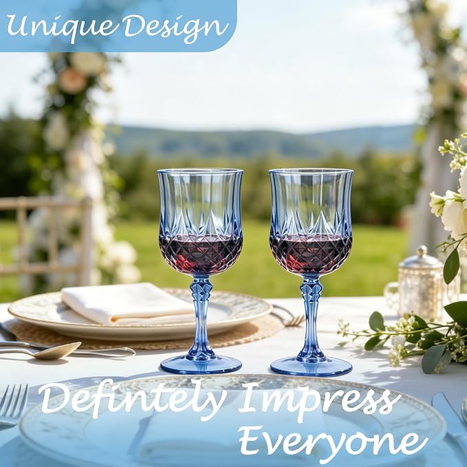 Plastic Wine Glasses, Plastic Goblets Vintage Style Cordial Unbreakable Drinking Glasses,Reusable Drinkware for Wedding Reception, Grand Event Party Supplies(12, Blue)