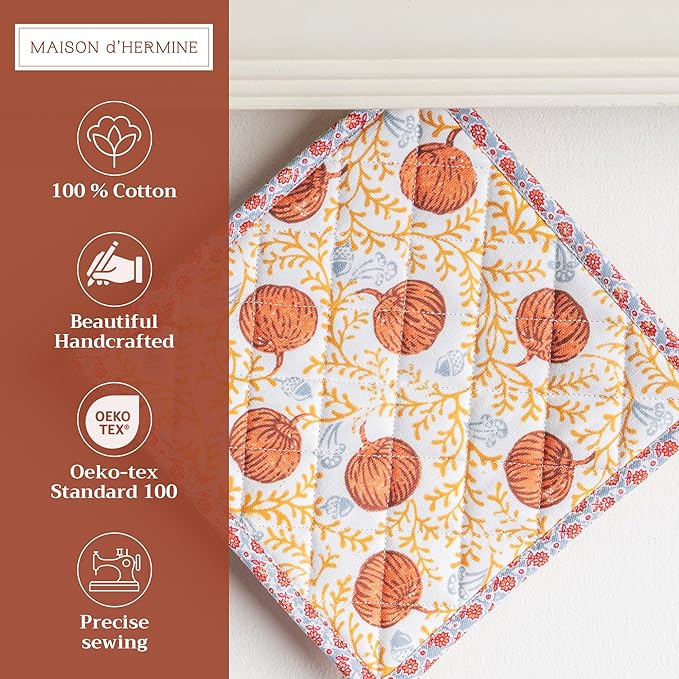 Maison d' Hermine Pot Holders 100% Cotton Heat Resistant Potholders 8" x 8" Hot Pads with Loop for Thanksgiving Christmas Decorations BBQ Cooking Baking Handling Hot Pans (Pack of 1, Harvest Festival)