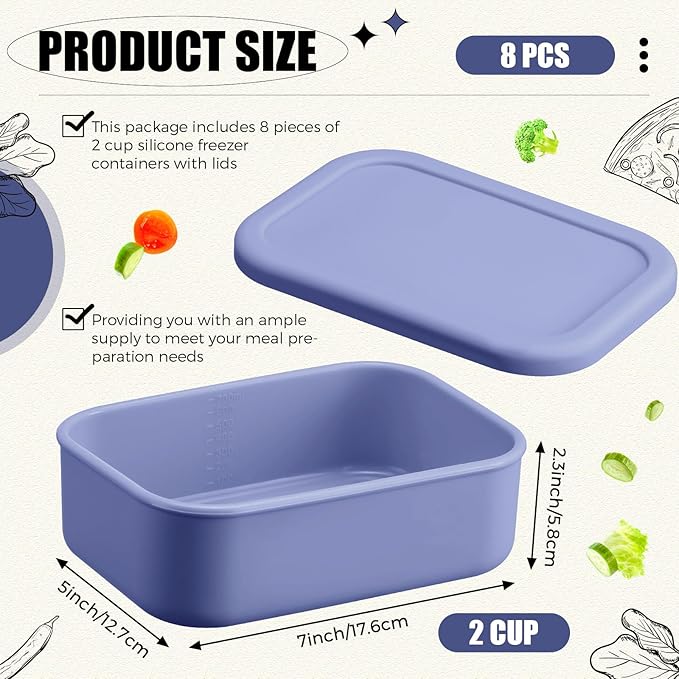 Nuogo 8 Pcs 2 Cup Silicone Freezer Trays with Lid Silicone Soup Freezer Molds Rectangle Soup Containers Reusable Food Preserving Tray Freezing Ice Trays for Soups Sauces Stews (Dusty Blue)