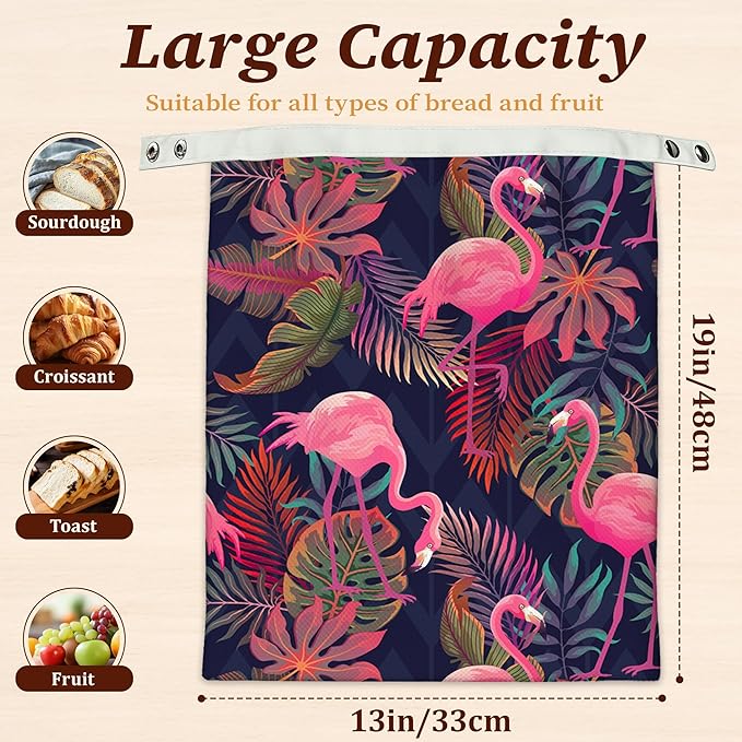 Bread Bags for Homemade Bread, Pink Flamingo Tropical 2 Pack Linen and Beeswax Sourdough Storage Bags, Reusable Keeper, Keeps Breads Fresh Longer, Gifts for Bakers