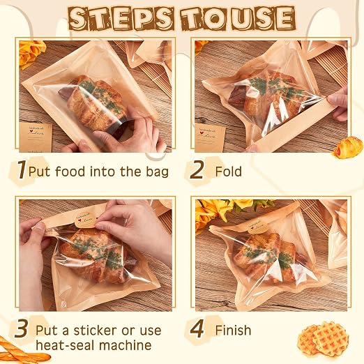 Outus 700 Pcs Cookie Packaging Bags with Seal, 7.1 x 7.5 Inch Bakery Pastry Bags with Window, Heat Sealable Grease Resistant Paper to Go Bake Sleeves for Gift Giving Donut Bread Sandwich (Brown)