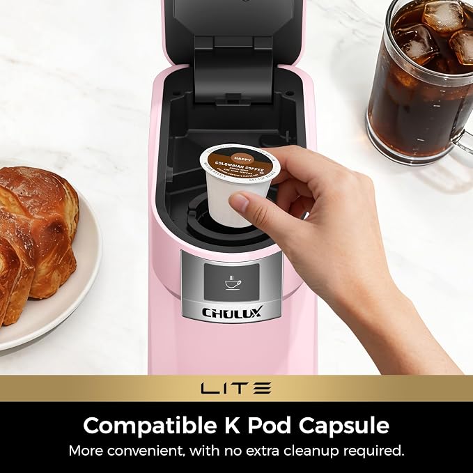 CHULUX Lite Single Serve Coffee Maker for K Cup Capsules, Single Cup Reservoir Coffee Maker with One Touch Brewing, 5 to 12 Oz Brew Sizes, Designed Specifically for Standard Mugs, Pink