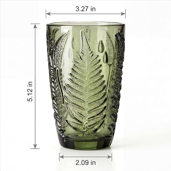 Green Drinking Glasses Set of 8, 12 oz Vintage Hand-Pressed Glass Cups, Fern Textured Highball Tumblers, Antique Style Boho Glassware for Water, Juice, Cocktails & Mocktails, Housewarming Gift Set
