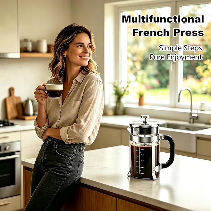 QUQIYSO French Press Coffee Maker, Large French Press with Thick Borosilicate Glass, 304 Stainless Steel Filter, Teapot & Coffee Maker for Home, Office, Party, 51oz, Silver
